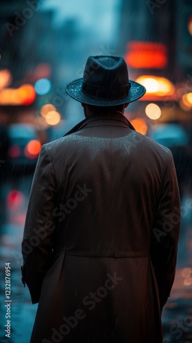 Mysterious figure walks alone on a rainy city street at night