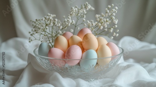 Colorful eggs and spring flowers arranged in a glass bowl near a window in so...