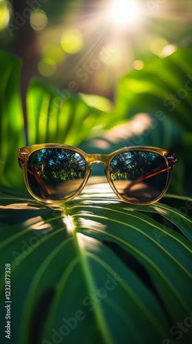 Stylish sunglasses resting on lush green leaves under warm sunlight