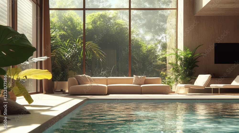 Fototapeta premium Sunny indoor pool area with sofa, lounge chairs, natural light, and greenery.