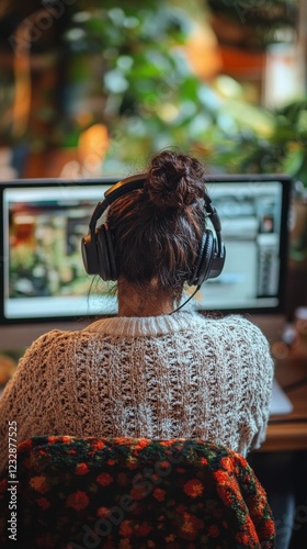 Working on a creative project while listening to music in a cozy indoor space