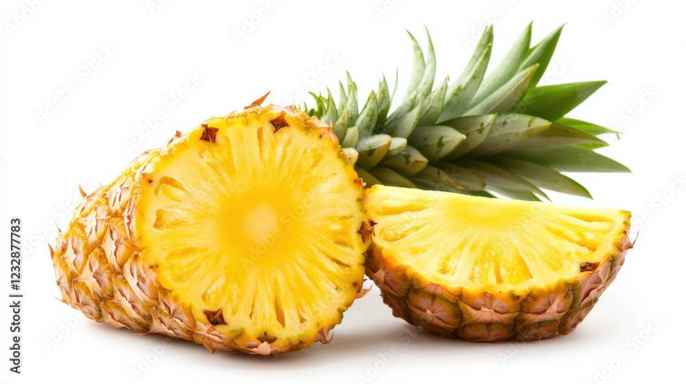 ripe pineapple with sliced section and green leaves ripe pineapple with sliced section and green leaves