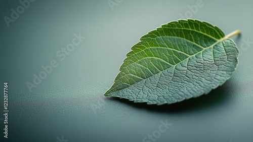 Dewy green leaf resting on a flat surface showcasing natural textures and col...