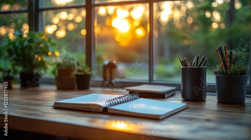 Creative workspace with open notebook, laptop, and coffee cups in bright envi...