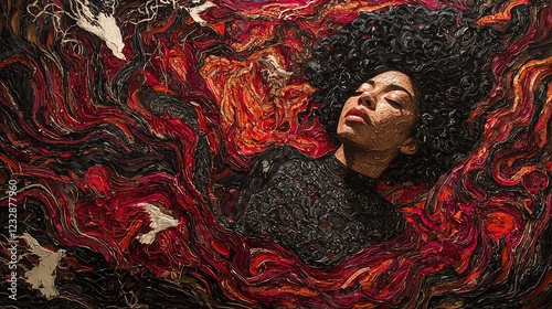 A serene woman with curly hair surrounded by vibrant swirling colors, evoking emotion and depth