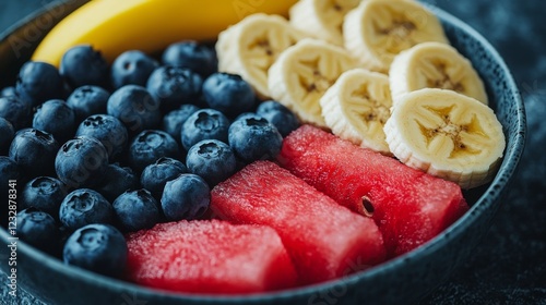 Colorful fruit bowl with bananas, blueberries, and watermelon on a dark surface