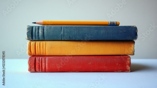 Stacked vintage books with a yellow pencil on a white background in an indoor...