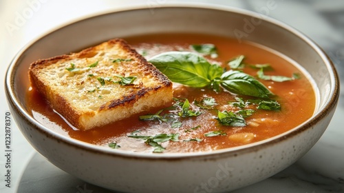 Homemade tomato soup served with fresh bread and basil on a sunny kitchen cou...