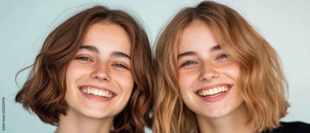 portrait of two beautiful smiling women with wavy hair portrait of two beautiful smiling women with wavy hair