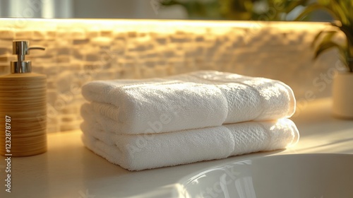 Relaxing bathroom setup with soft towels and natural light during the midday