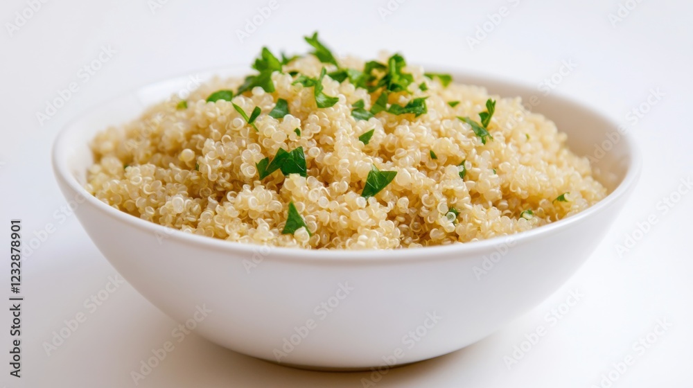 A simple bowl of plain quinoa with a light drizzle of lemon juice and a sprinkle of chopped parsley, served in a minimalist white ceramic bowl, Quinoa centered A simple bowl of plain quinoa with a light drizzle of lemon juice and a sprinkle of chopped parsley, served in a minimalist white ceramic bowl, Quinoa centered