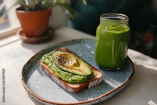 Avocado Toast and Green Smoothie - Healthy and Delicious photo