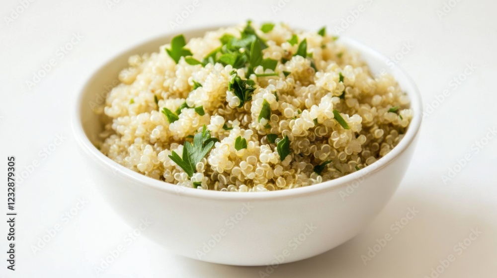 A simple bowl of plain quinoa with a light drizzle of lemon juice and a sprinkle of chopped parsley, served in a minimalist white ceramic bowl, Quinoa centered A simple bowl of plain quinoa with a light drizzle of lemon juice and a sprinkle of chopped parsley, served in a minimalist white ceramic bowl, Quinoa centered