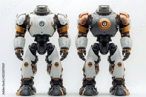 Two humanoid robots facing each other in a snowy environment at a futuristic ...