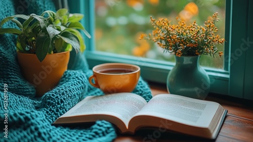 Cozy morning with coffee and a book by the sunny window with plants