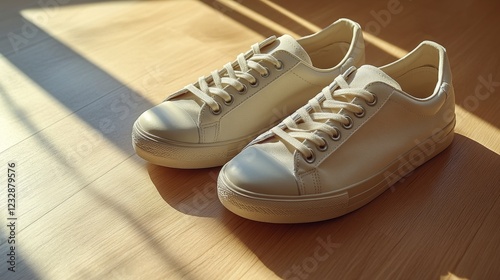 Stylish white sneakers on wooden floor with natural sunlight illuminating the...