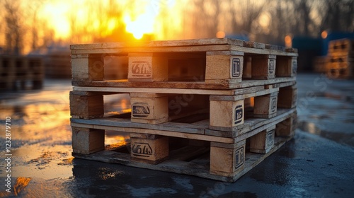 Wooden pallets stacked at sunset in a storage yard creating a warm glow effect