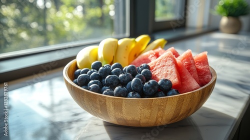 Colorful fruit bowl with bananas, blueberries, and watermelon on a dark surface
