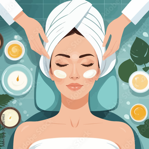 Beautiful woman receiving facial massage treatment in spa salon. SPA beauty and health concept. Skin care. Relaxation Vector illustration in flat style