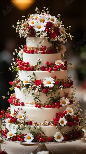 Exquisite three-tier wedding cake adorned with fresh berries and daisies at a...