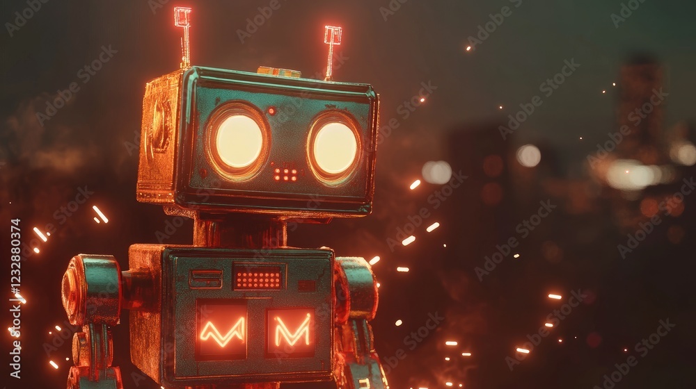 Fototapeta premium Retro Robot Standing In A City At Night