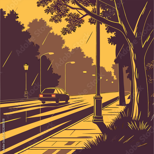3D Realistic Vector of a Rainy Night Road with Reflections from Streetlights