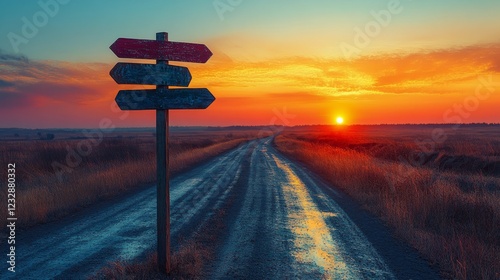 Sunrise over rural landscape with signpost guiding the way along a misty road
