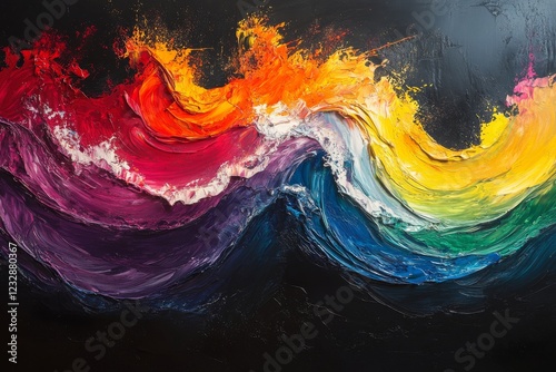 Vibrant abstract painting with colorful brush strokes and texture on a dark b...