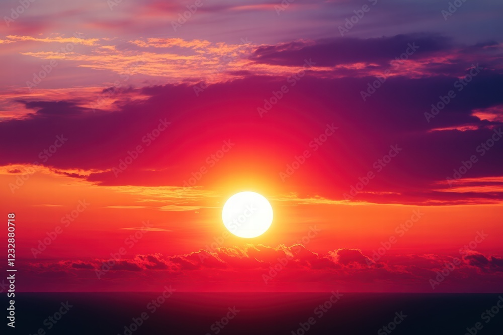 Vibrant sunset displaying a gradient of red and orange hues over the horizon Vibrant sunset displaying a gradient of red and orange hues over the horizon