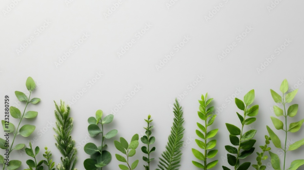 flat lay of green leaves and plants on a gray background with copy space flat lay of green leaves and plants on a gray background with copy space