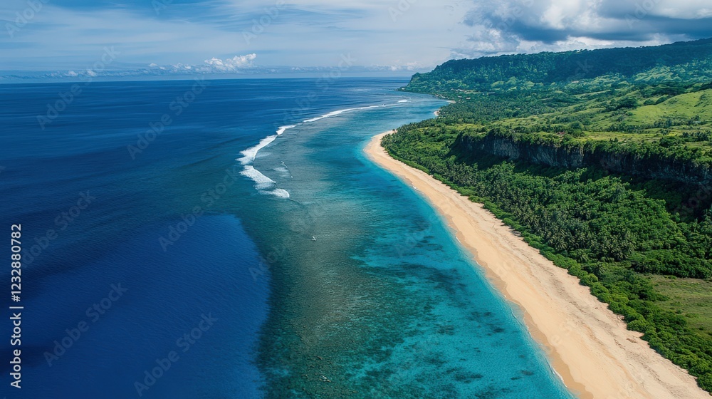 A beautiful beach with a blue ocean and green trees in the background