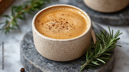 Creamy latte art displayed in a cozy setting with herbs and coffee beans nearby