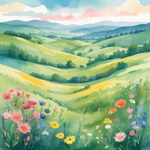 bright and cheerful watercolor scene of a blooming meadow in spring, with wildflowers and distant rolling hills