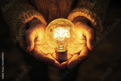 Hands gently holding a glowing light bulb in dark surroundings during a creat...
