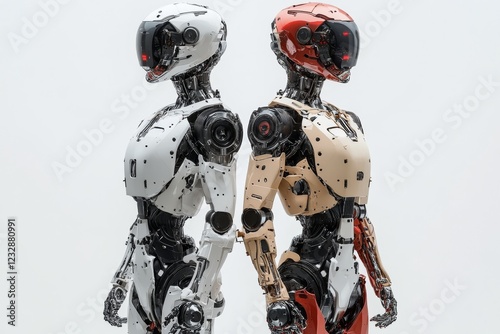 Two humanoid robots facing each other in a snowy environment at a futuristic ...