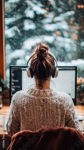 Working on a creative project while listening to music in a cozy indoor space