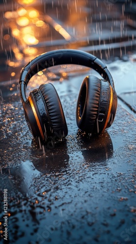 Headphones resting on wet pavement during rain at dusk creating a serene atmo...
