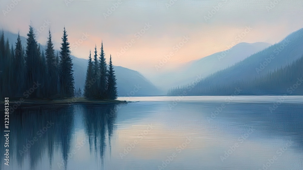Fototapeta premium Serene Lakeside Vista With Coniferous Trees And Mountains