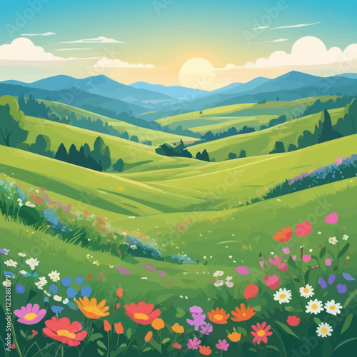 bright and cheerful watercolor scene of a blooming meadow in spring, with wildflowers and distant rolling hills