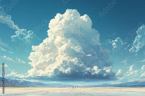 Majestic cloud formation over vast landscape with two figures exploring the s...