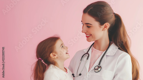 portrait of white pediatrician doctor with cute smiling girl in white coat with stethoscope on neck and little girl 5-6 years old on light pink background, copyspace