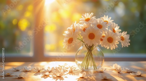 Bright daisies in a jar on a windowsill with soft sunlight illuminating the s...