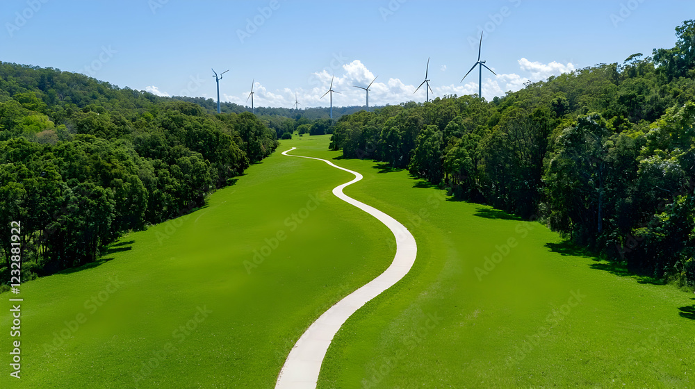 Winding path golf course, green hills, wind turbines Winding path golf course, green hills, wind turbines
