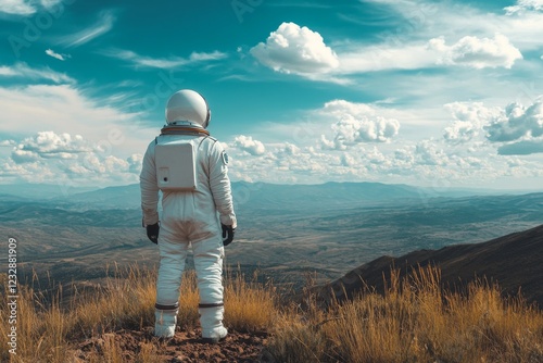 Astronaut observing a vast landscape at dusk from a rocky outcrop