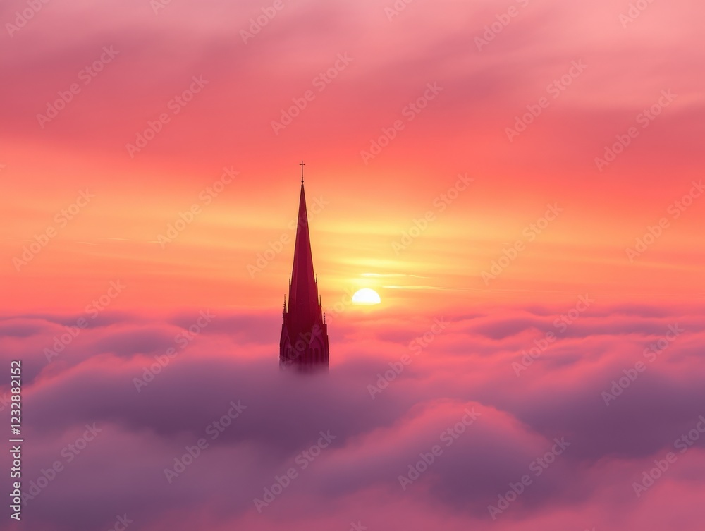 Fototapeta premium church steeple rising above a sea of clouds at sunset