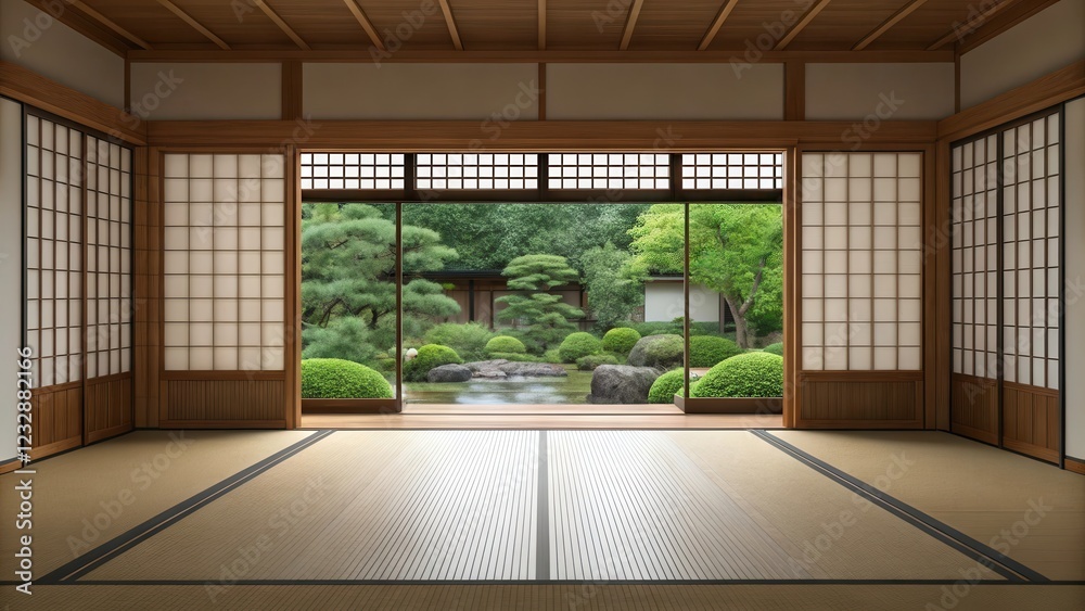 Obraz premium Exquisite Japanese Inspired Home With Serene Garden View Showcasing Traditional Architectural Elements. Generative AI
