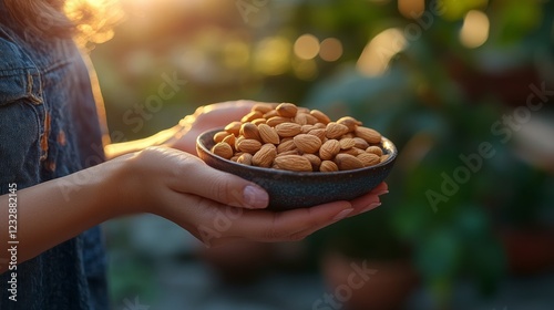 Healthy mix of nuts and dried fruits held in hands against a blurred outdoor ...