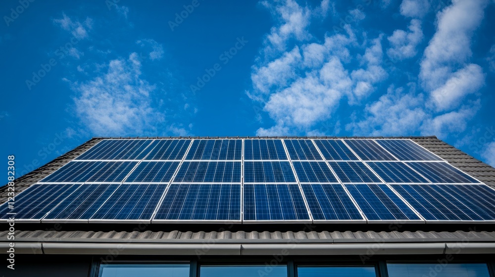 A building equipped with rooftop solar panels, promoting alternative energy A building equipped with rooftop solar panels, promoting alternative energy