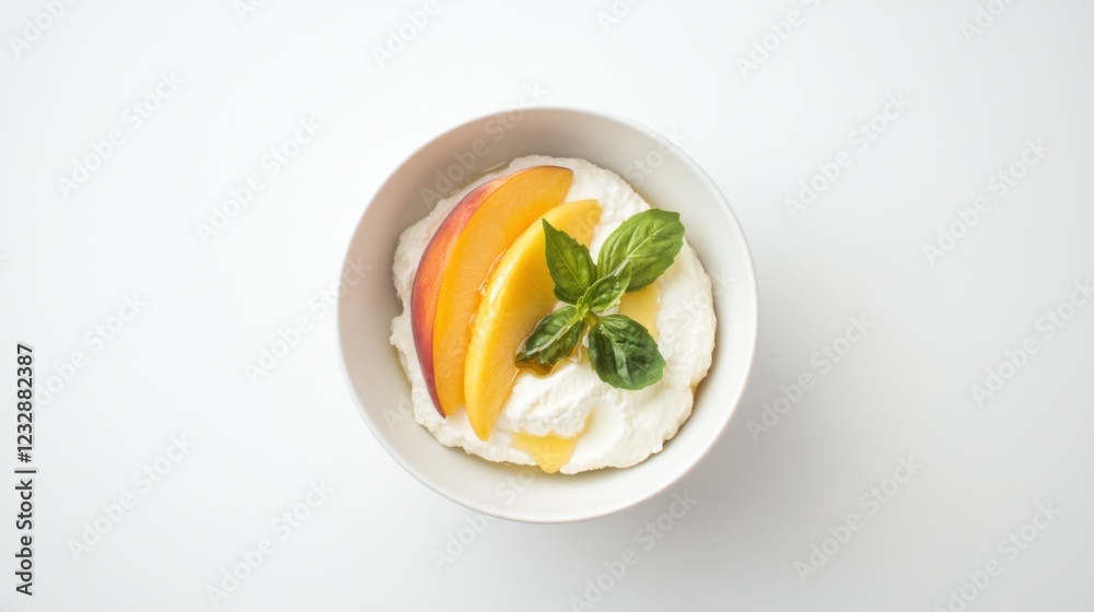 A simple bowl of plain ricotta cheese topped with a few fresh peach slices and a light drizzle of honey, served in a minimalist white ceramic bowl, Ricotta cheese centered A simple bowl of plain ricotta cheese topped with a few fresh peach slices and a light drizzle of honey, served in a minimalist white ceramic bowl, Ricotta cheese centered