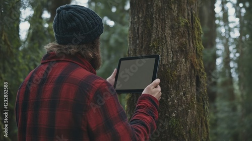 Person in plaid shirt using tablet against a tree in a dense forest during daytime photo